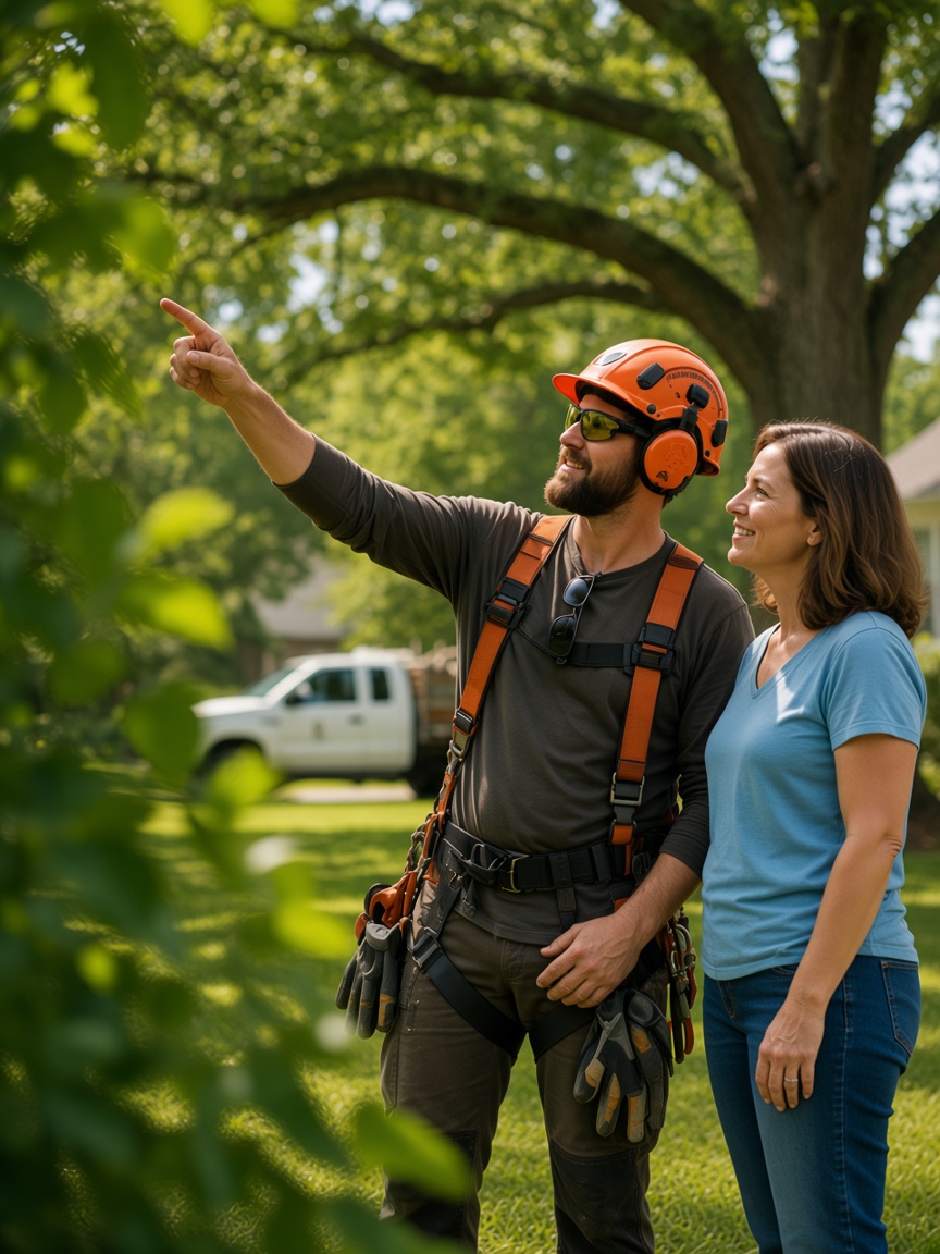 An arborist points up at a large oak while explaining the job to a homeowner