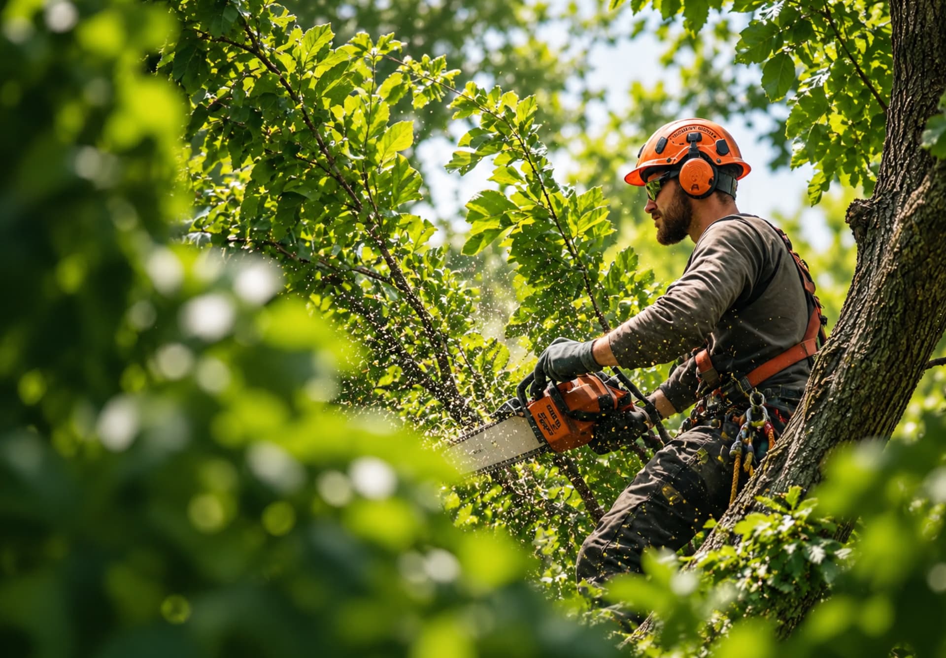 Arborist in an orange helmet cutting limbs high in a tree, sawdust hanging in the sunlight.